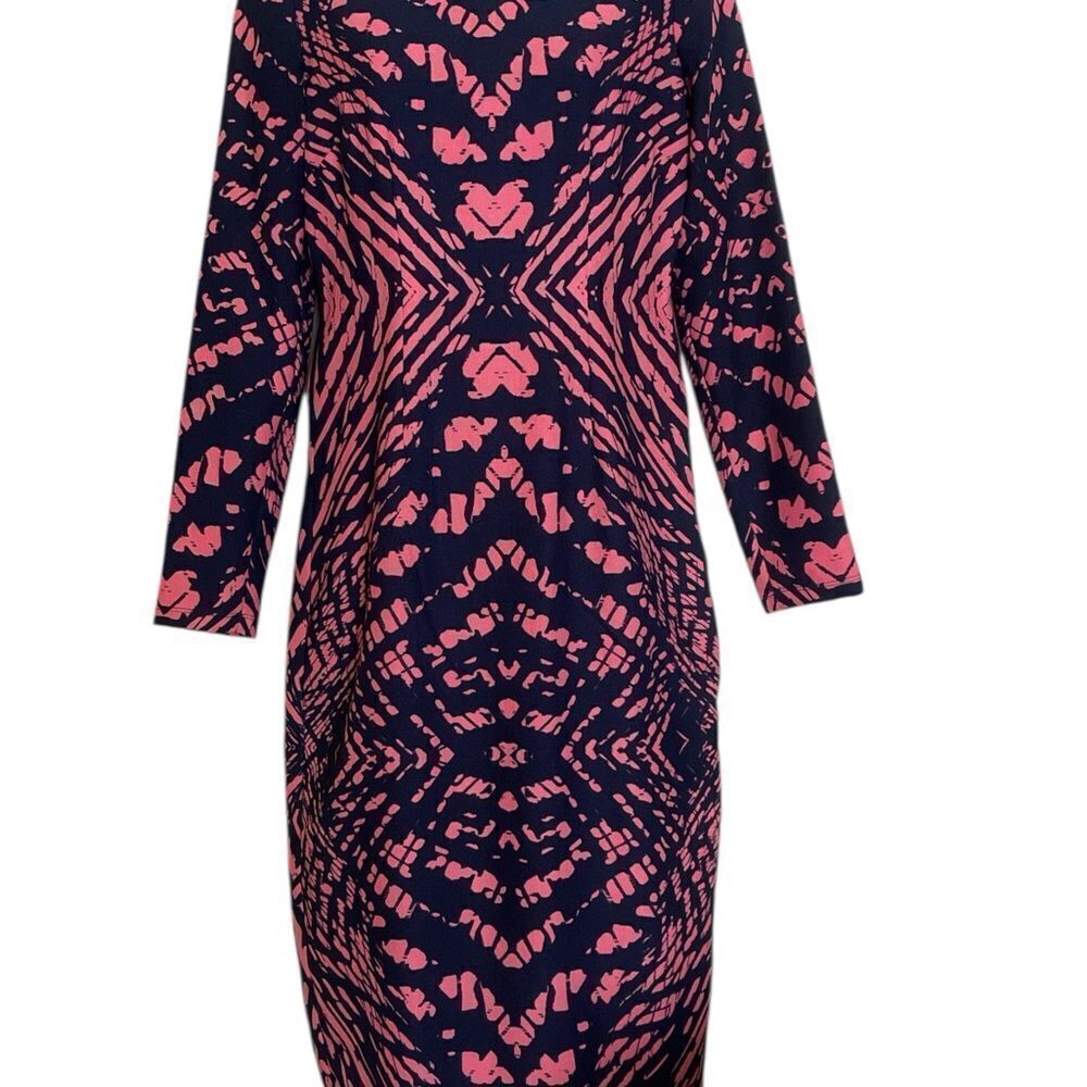 Maggy London Black/Pink Sheath Dress Long Sleeve Crew Neck zip back slit back 4